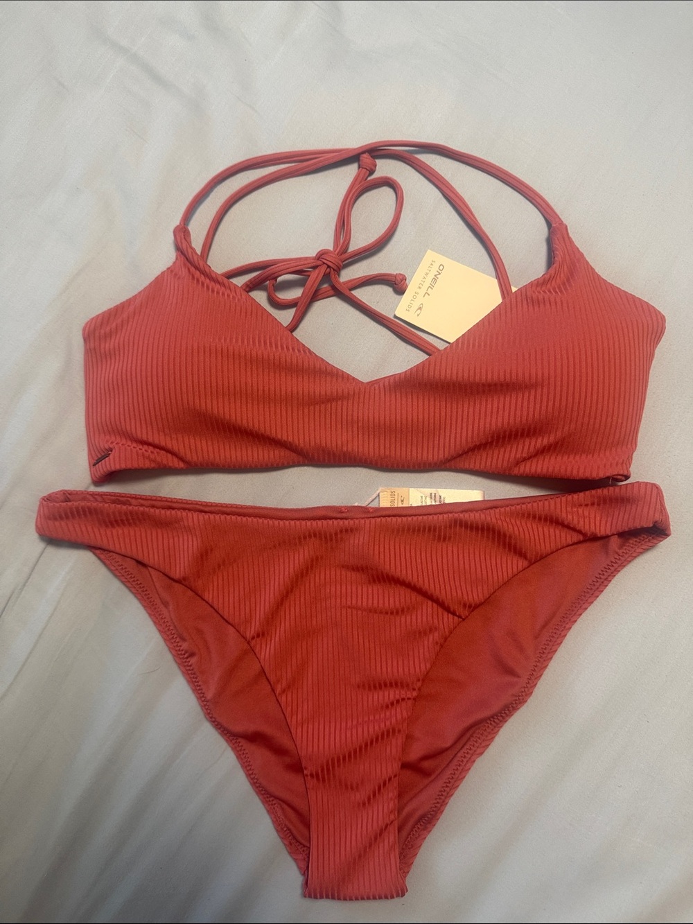 BNWT O'Neill Pink Ribbed Tie-Back Bikini Set, sz M
